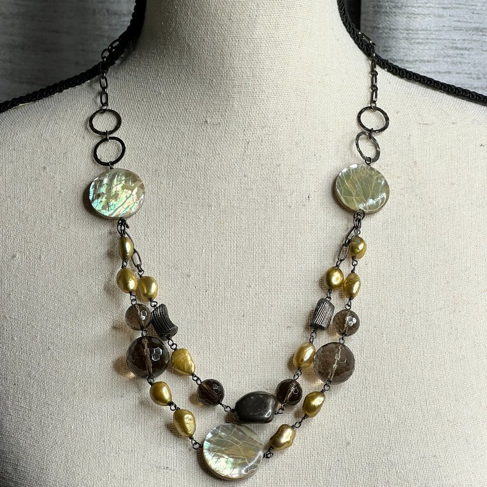 Gun metal tone chain link beaded pearl smoky topaz mother of pearl necklace